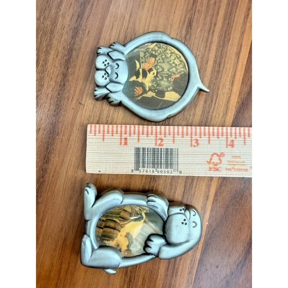 2 VINTAGE PEWTER TYPE SMALL DOGS PUPPY CUTE STANDING PICTURE FRAMES
